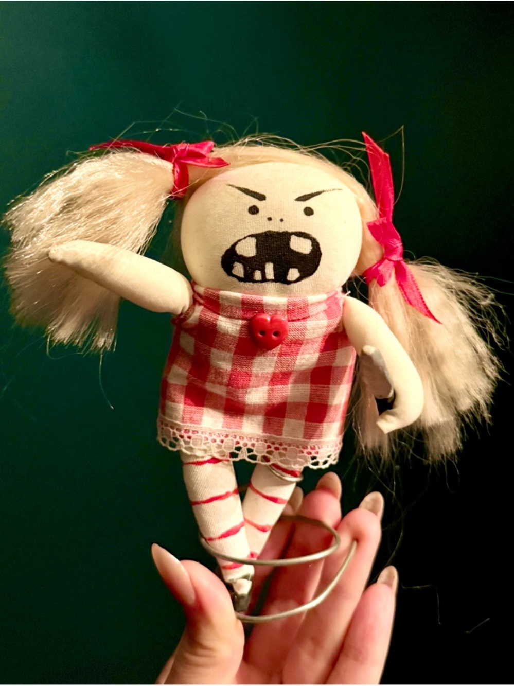 Red Gingham Angry Doll Plush decorative